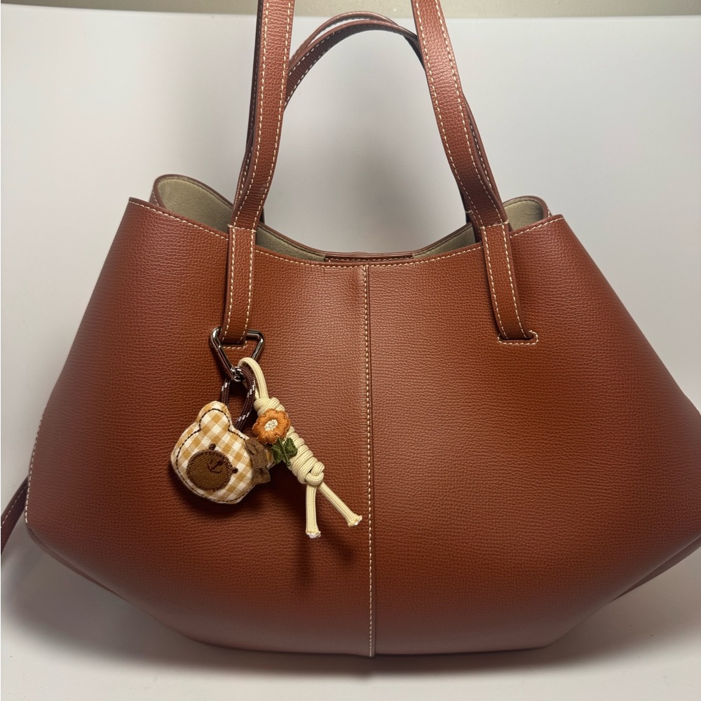 Plaid Bear & Flower Rope Bag Charm | Cottagecore Beige Gingham Keychain - Picture 4 of 5